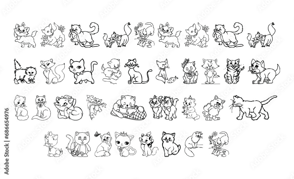 set of plain black line cat pictures, for children's coloring education and commercial needs