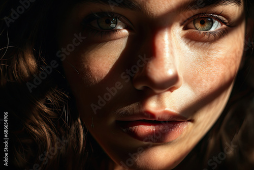 Extreme close up portrait of a beautiful woman with striking eyes and pouty lips interplay of light shadow pattern on the face.