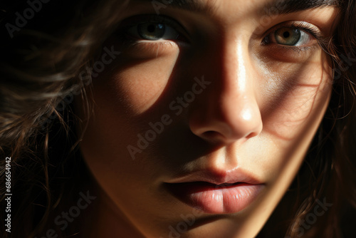 Extreme close up portrait of a beautiful woman with striking eyes and pouty lips interplay of light shadow pattern on the face.