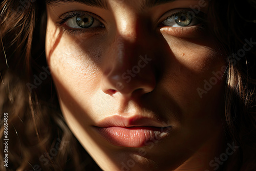 Extreme close up portrait of a beautiful woman with striking eyes and pouty lips interplay of light shadow pattern on the face.