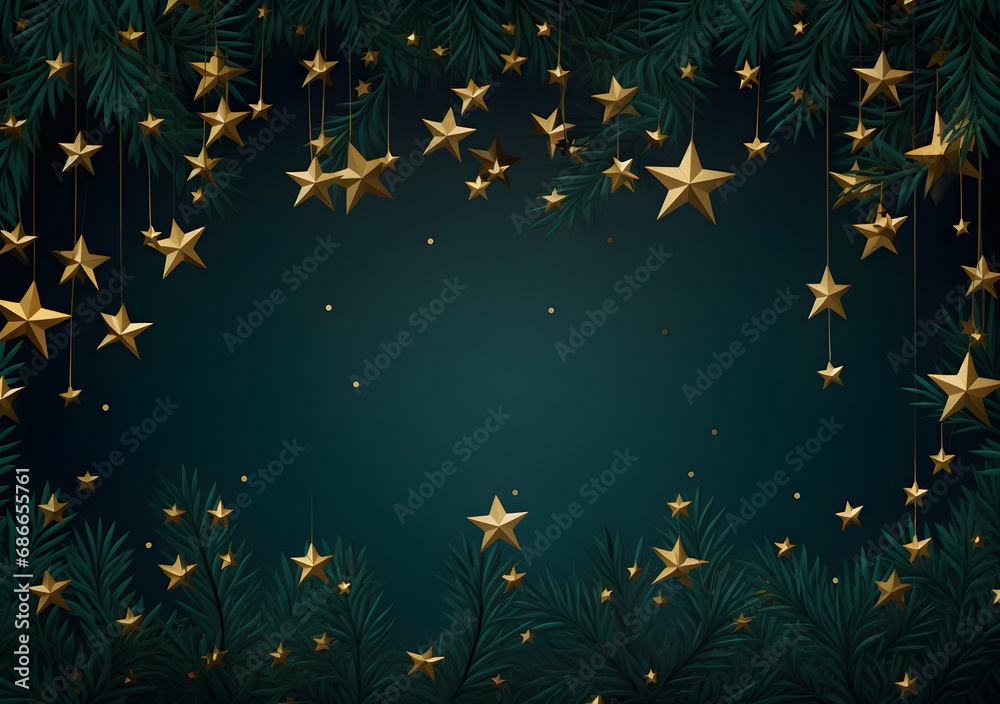 Christmas background with fir branches and red stars. Top view. 3d render