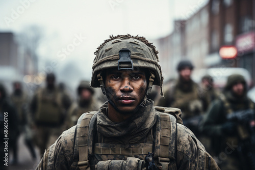 Focused soldier in uniform with helmet on urban background, depicting military readiness and determination.