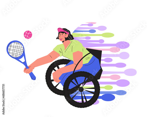 Wheelchair tennis and adaptive sport for inclusive environment and rehabilitation of people with physical disabilities concept. Wheelchair tennis emblem or logo design element, vector isolated.