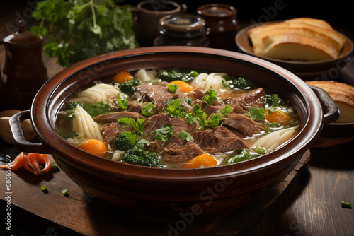 Hearty beef stew with vegetables and herbs in a clay pot, served with bread on a rustic wooden table.