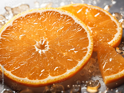 Slices of fresh orange with water drops on grey background, closeup