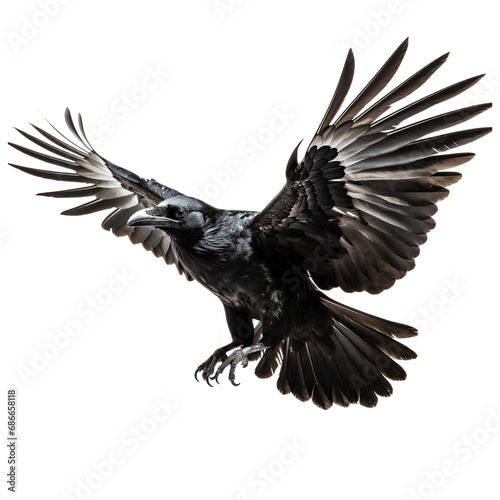 Black raven flying, isolated on white background