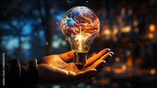 Man holding light bulbs, ideas of new ideas with innovative technology and creativity. concept creativity with bulbs that shine glitter.