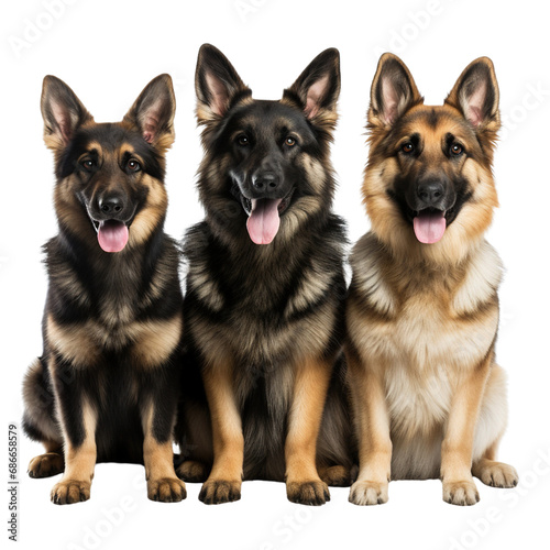 Three German shepherd dogs with brown and black fur sitting isolated on white background