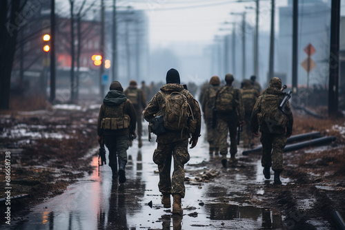 Soldiers marching on a wet street with urban background on a foggy day.