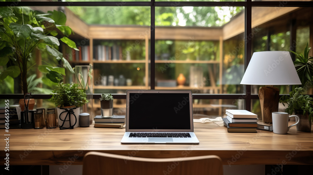 Workspace with notebook computer, blank screen and office equipment on wooden table