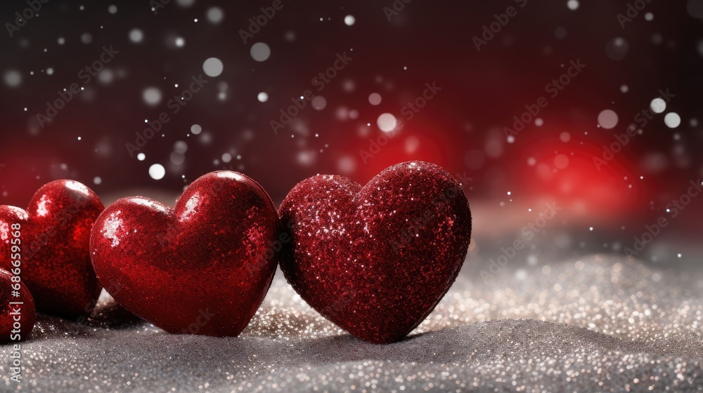 Glittering Red Hearts Lined on Snow - Symbol of Romantic Love and Warmth. Generative AI Glittering Red Hearts Lined on Snow - Symbol of Romantic Love and Warmth. Generative AI