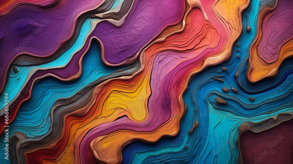 A wall texture that looks like a colorful 3D river delta from above, with branching patterns of sediment in jewel tones.