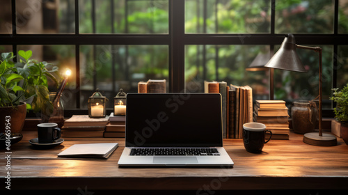 Workspace with notebook computer, blank screen and office equipment on wooden table © ND STOCK
