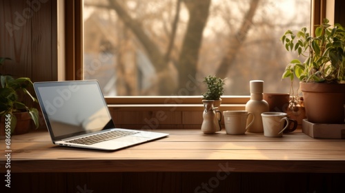 Workspace with notebook computer, blank screen and office equipment on wooden table