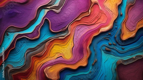 A wall texture that looks like a colorful 3D river delta from above, with branching patterns of sediment in jewel tones.