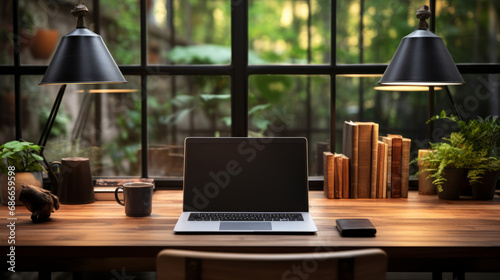 Workspace with notebook computer, blank screen and office equipment on wooden table photo