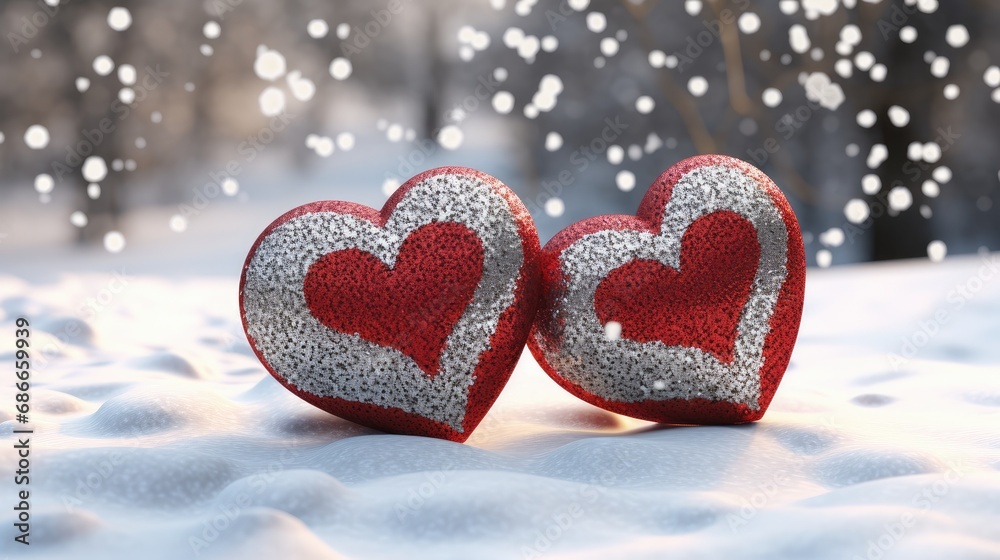 Fototapeta premium Glittering Red Hearts Lined on Snow - Symbol of Romantic Love and Warmth. Generative AI