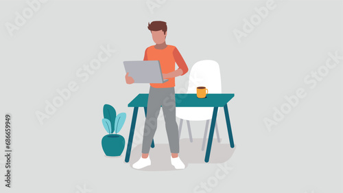 Ein Mann steht vor seinem Schreibtisch mit einem Laptop - Business-Konzept