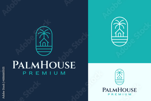 Simple Monoline House Home Palm Tree Beach Emblem Logo Design Branding Template