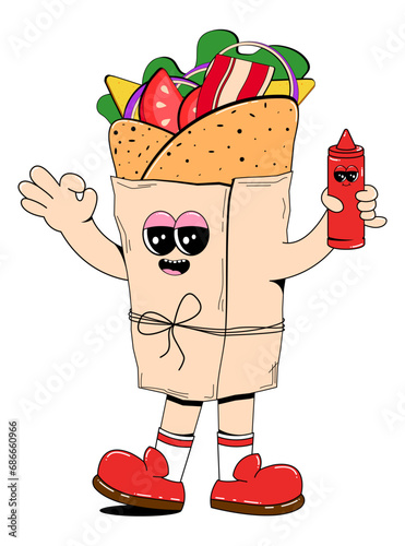 Cute shawarma character in retro cartoon style.Doner kebab mascot with a happy face expression. Burrito, fast food joyful funny emoticons vector illustration on white isolated background.