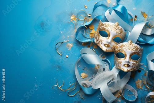 Festive purim carnival background - mask, ribbonds and confetti © anaumenko