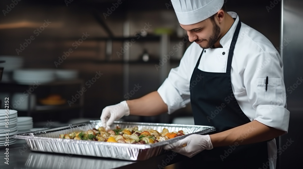 The chef in restaurant kitchen finishes the food ready for delivery in takeaway packages The chef in restaurant kitchen finishes the food ready for delivery in takeaway packages
