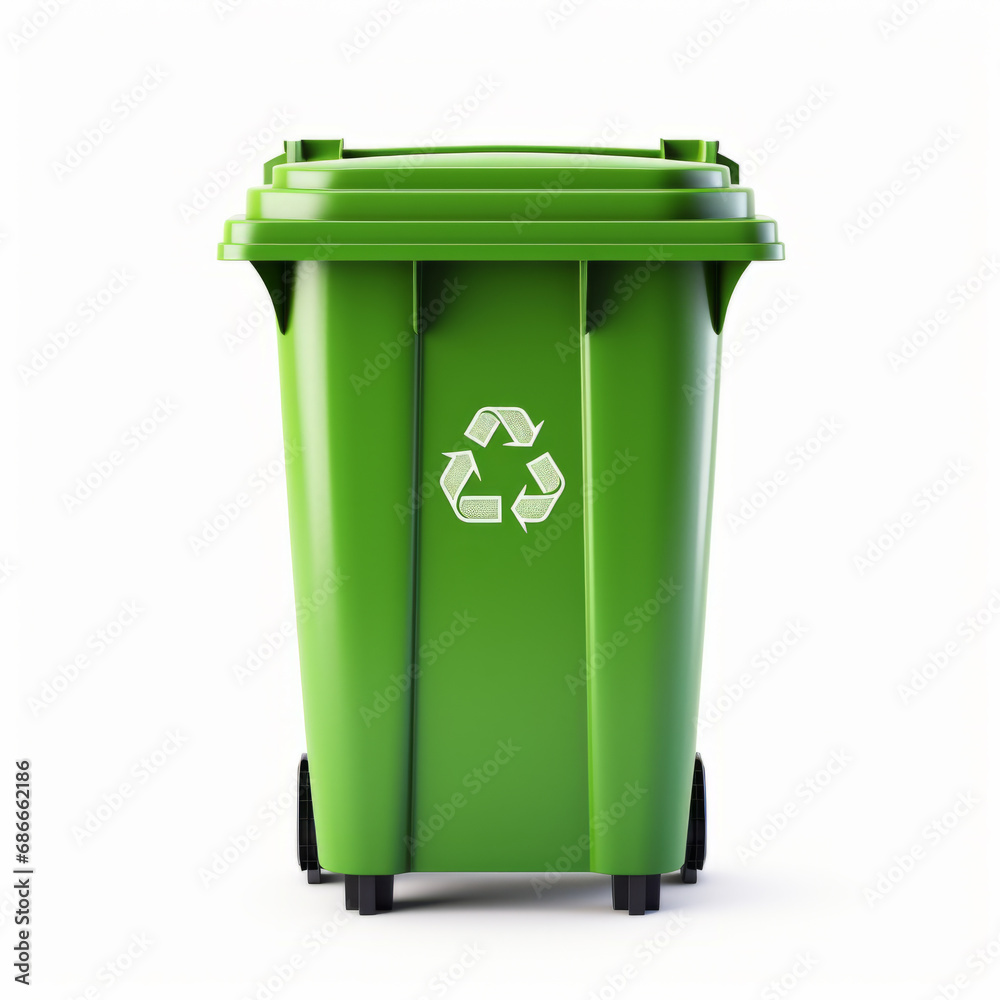 A new unbox green large plastic bin isolated on white background. Wheelie garbage container with a lid. A new unbox green large plastic bin isolated on white background. Wheelie garbage container with a lid.