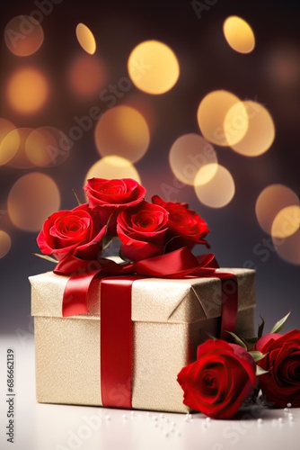 Gift box and red roses with bokeh background. Blank space to add text. Generative Ai © ArtmediaworX