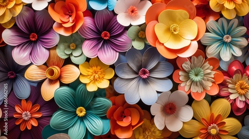 Wallpaper featuring an array of colorful 3D flowers blooming  their petals reaching out from the wall.