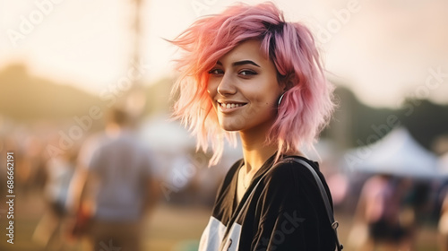 girl with pink hair having fun at the music festival