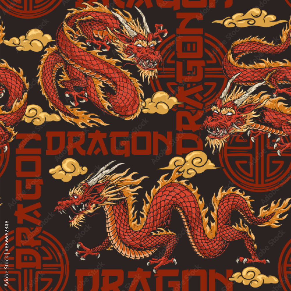 Red dragons colorful seamless pattern