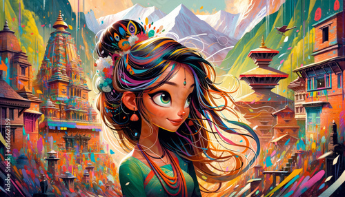 Animated-style portrait of a girl from Nepal, designed as a desktop wallpaper in a 16:9 aspect ratio. 