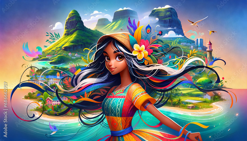 Animated-style portrait of a girl from Mauritius, designed as a desktop wallpaper in a 16:9 aspect ratio. Animated-style portrait of a girl from Mauritius, designed as a desktop wallpaper in a 16:9 aspect ratio.