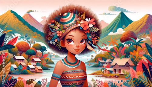 Animated-style portrait of a girl from Vanuatu, designed as a desktop wallpaper in a 16:9 aspect ratio.