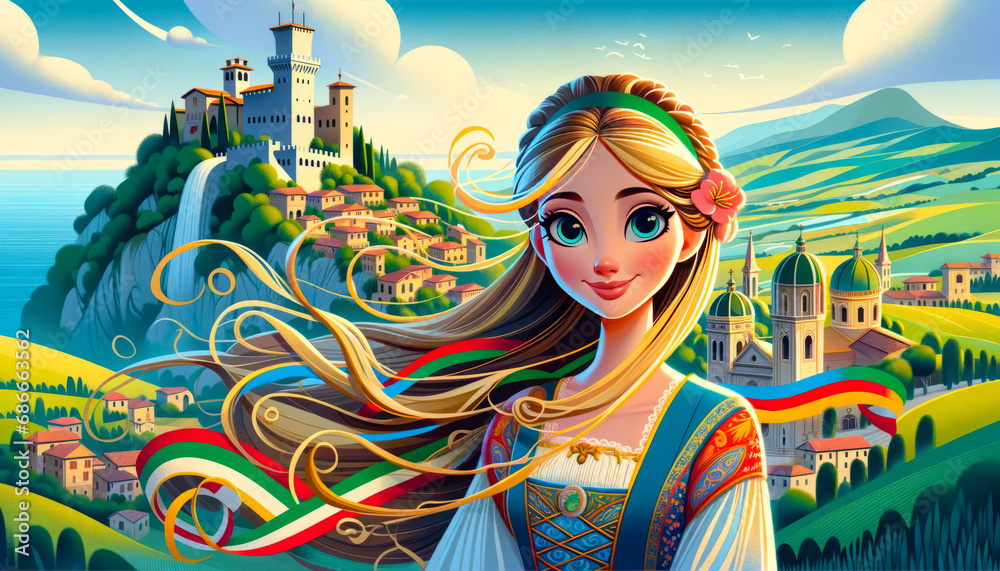 Animated-style portrait of a girl from San Marino, designed as a desktop wallpaper in a 16:9 aspect ratio Animated-style portrait of a girl from San Marino, designed as a desktop wallpaper in a 16:9 aspect ratio