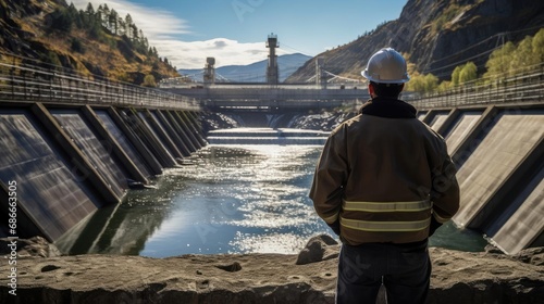 An engineer stands in front of a dam © cherezoff