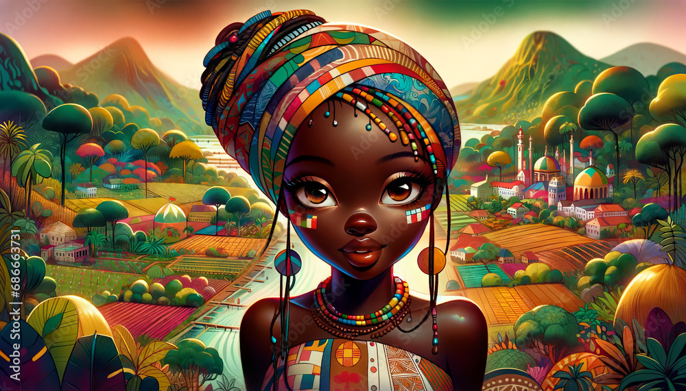 Animated-style portrait of a girl from Cote d'Ivoire, designed as a desktop wallpaper in a 16:9 aspect ratio. 