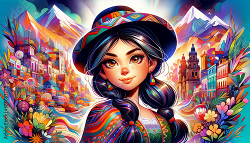 Animated-style portrait of a girl from Bolivia  designed as a desktop wallpaper in a 16 9 aspect ratio. 