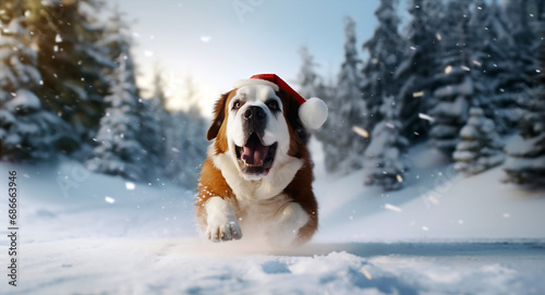 A cute happy St. Bernard dog with Santa's hat on running, jumping in the deep snow, daytime in a road in the winter woods.