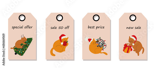 Vector set of discount price tags. Labels with Cute cats with christmas decoration. Christmas sale.