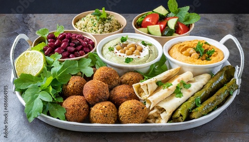 Delicious Falafel Platter with Creamy Hummus and Tangy Pickled Vegetables