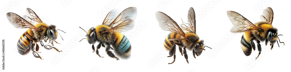 Realistic stunning bee in flight captured on a seamless transparent background for versatile design use. Realistic stunning bee in flight captured on a seamless transparent background for versatile design use.