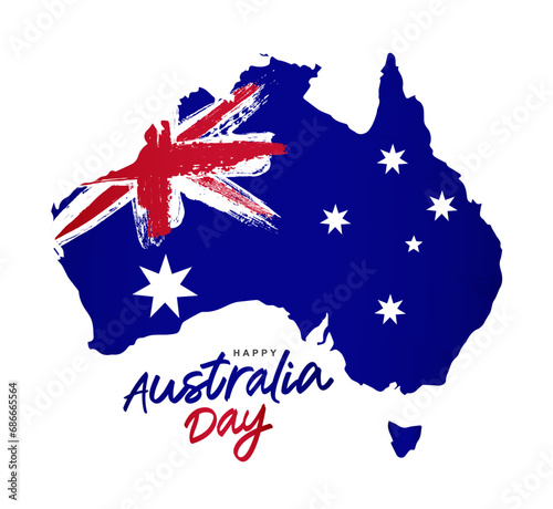 Flag of Australia in the form of a silhouette of the country. Fashionable lettering - Happy Australia Day.
