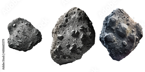 Collection of realistic asteroids displayed with intricate details and textures on a clear, transparent backdrop for versatile design use.