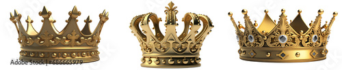 A photo-realistic rendering of a lustrous golden crown, meticulously detailed and isolated on a clear, transparent backdrop.