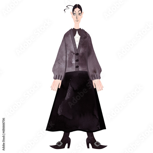 A thin, stern and angry Victorian woman of middle age with black hair in a warm home-knitted jacket and black skirt and pointed shoes with silver buckles. Watercolor hand drawn isolated illustration 