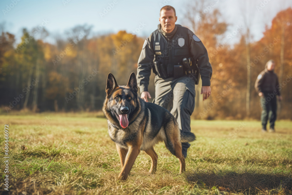 A police officer and their trusty German Shepherd partner, working together to ensure safety and security. - obrazy, fototapety, plakaty 