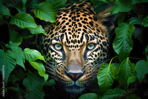 Jungle phantom: A leopard skillfully camouflaged among leaves, showcasing the art of hiding in the wild. photo