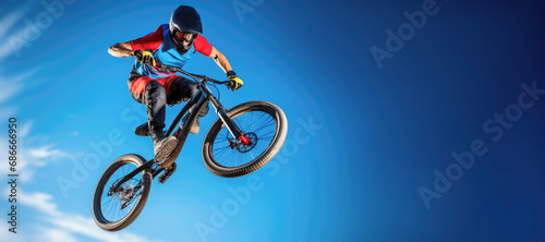 A mountain biker launching into the air, showcasing the thrill of an extreme downhill jump.