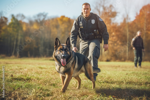 A police officer and their trusty German Shepherd partner, working together to ensure safety and security. photo